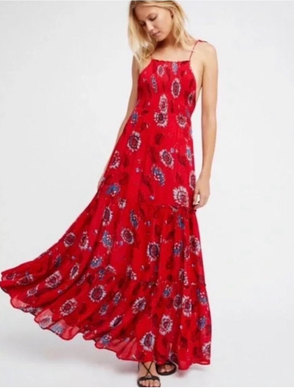 Free People Red Floral Tiered Maxi Dress